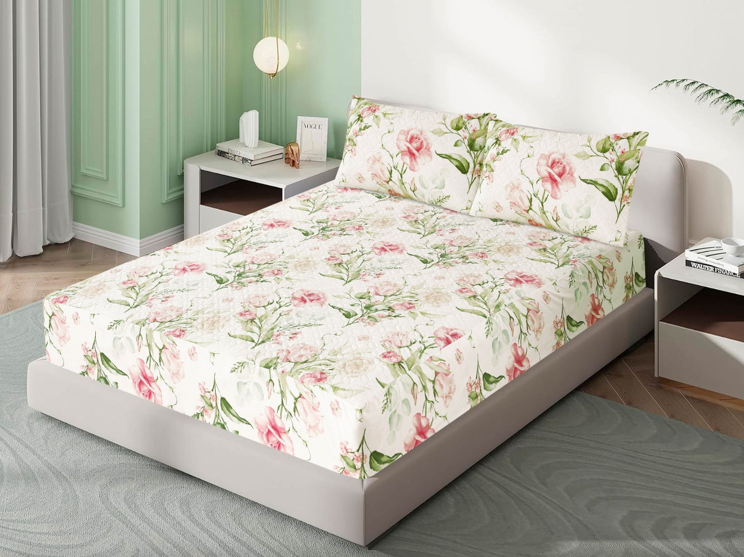 Mat Printed Quilted Ultrasonic 100% Waterproof Mattress Cover For Double Bed Fitted Mattress Protector Anti Sleep Bed Sheet With Pillow Cover (White Traditional)