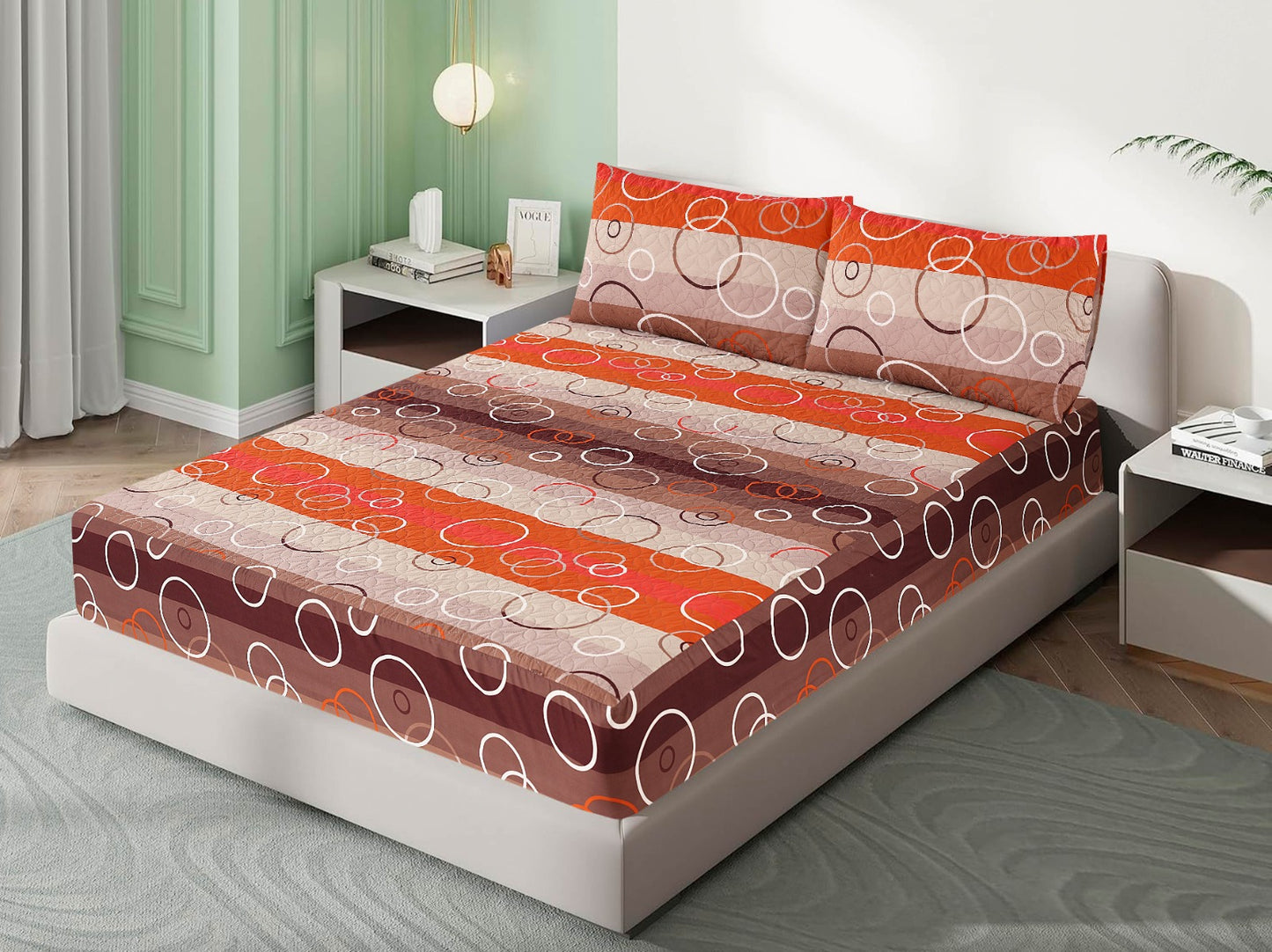Mat Printed Quilted Ultrasonic 100% Waterproof Mattress Cover For Double Bed Fitted Mattress Protector Anti Sleep Bed Sheet With Pillow Cover (Orange Circles)