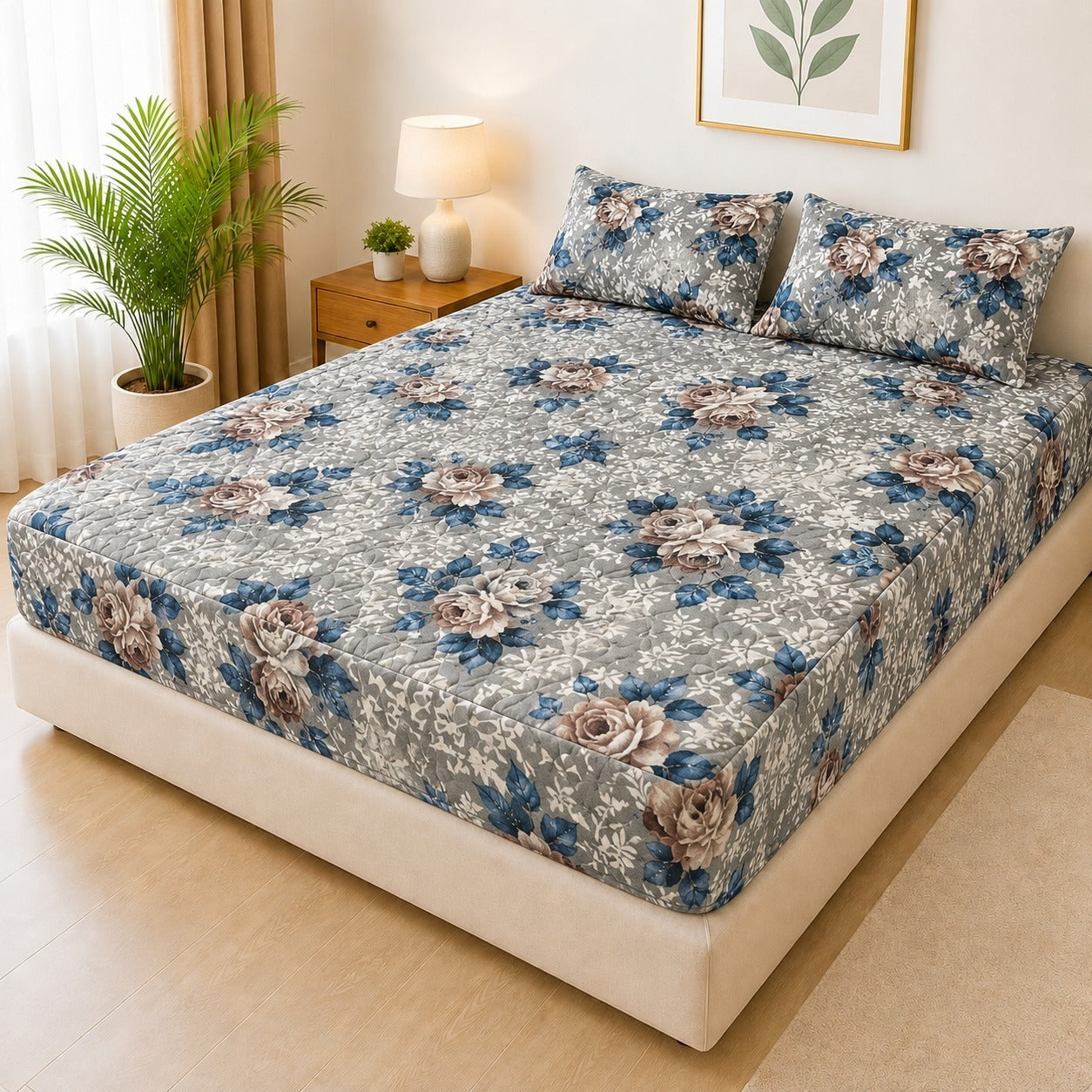 Mat Printed Quilted Ultrasonic 100% Waterproof Mattress Cover For Double Bed Fitted Mattress Protector Anti Sleep Bed Sheet With Pillow Cover (SH 708)