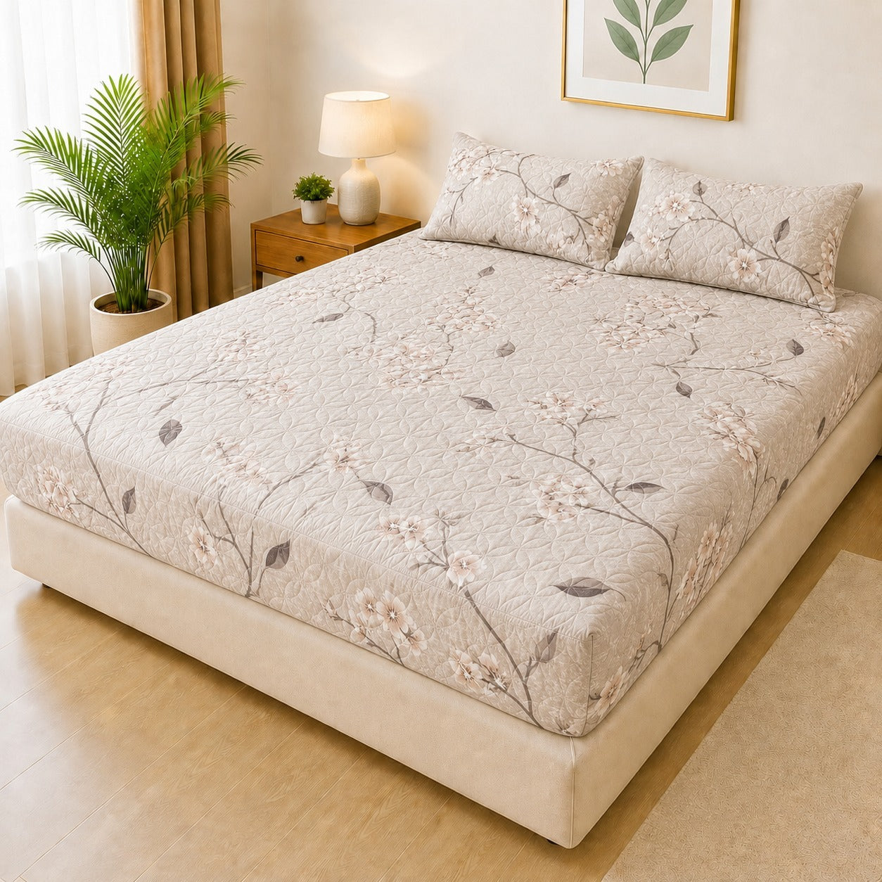 Mat Printed Quilted Ultrasonic 100% Waterproof Mattress Cover For Double Bed Fitted Mattress Protector Anti Sleep Bed Sheet With Pillow Cover (SH 709)
