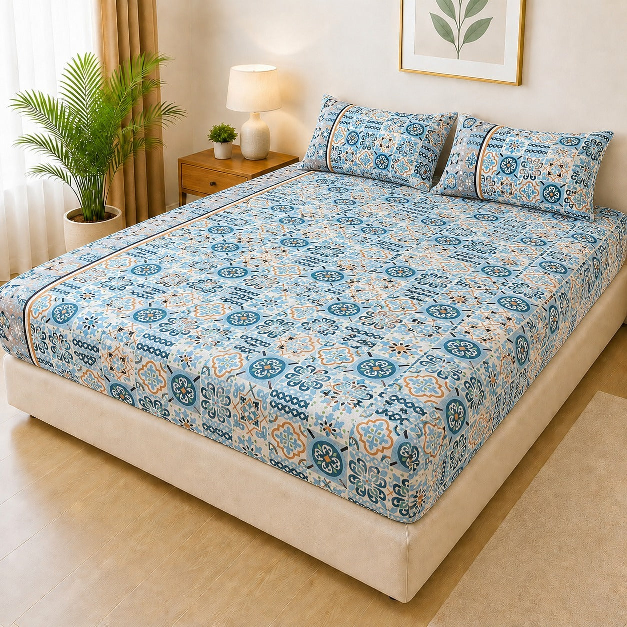 Mat Printed Quilted Ultrasonic 100% Waterproof Mattress Cover For Double Bed Fitted Mattress Protector Anti Sleep Bed Sheet With Pillow Cover (SH 711)