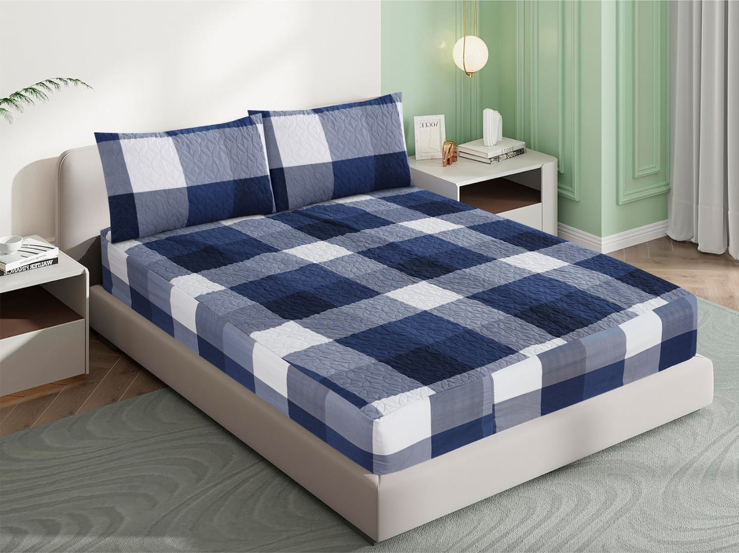 Mat Printed Quilted Ultrasonic 100% Waterproof Mattress Cover For Double Bed Fitted Mattress Protector Anti Sleep Bed Sheet With Pillow Cover ( Blue Square)