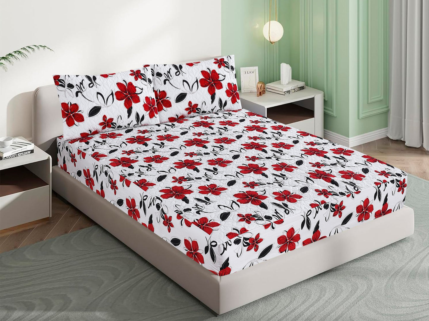 Mat Printed Quilted Ultrasonic 100% Waterproof Mattress Cover For Double Bed Fitted Mattress Protector Anti Sleep Bed Sheet With Pillow Cover (Red Flowers )