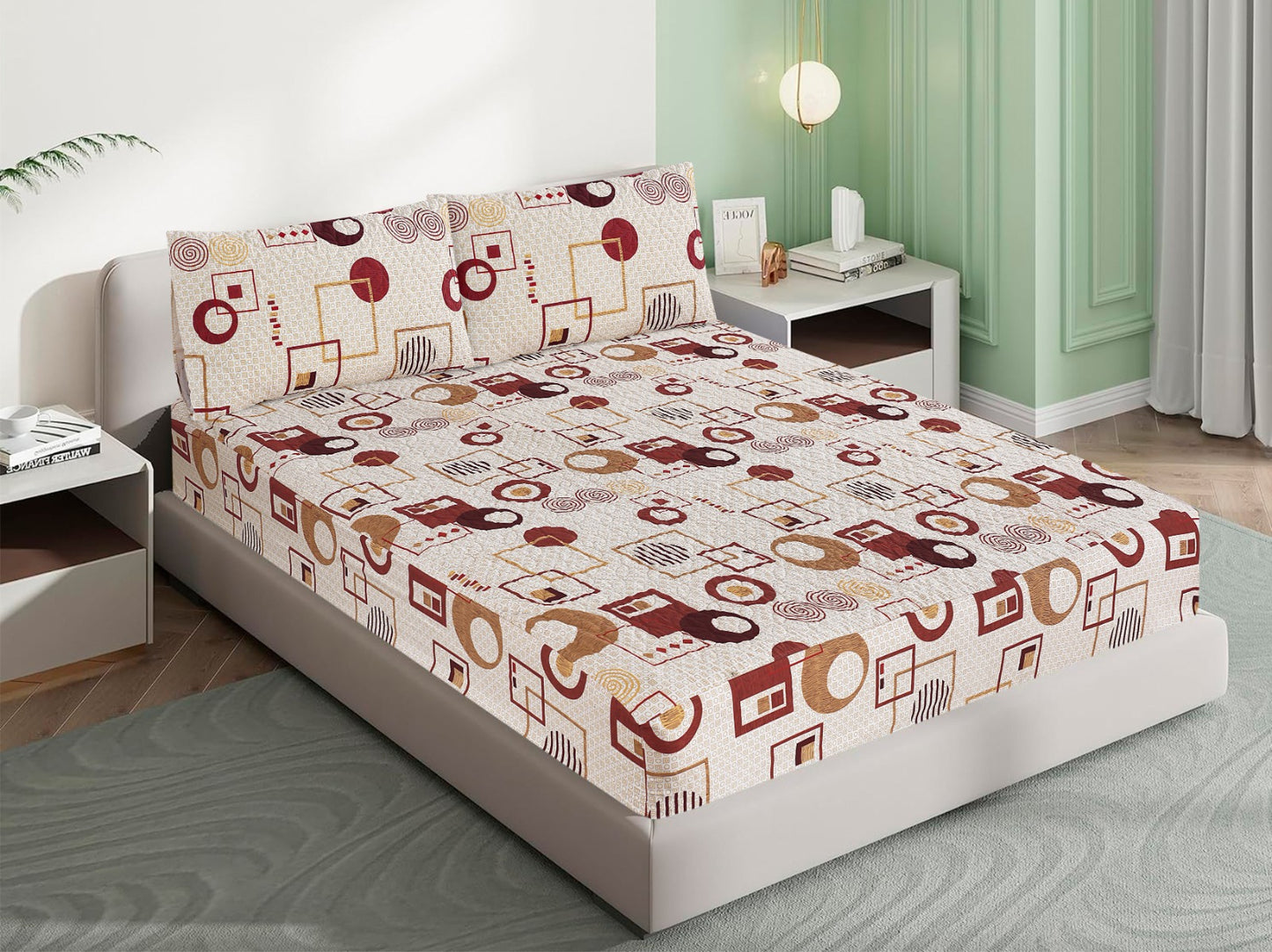 Mat Printed Quilted Ultrasonic 100% Waterproof Mattress Cover For Double Bed Fitted Mattress Protector Anti Sleep Bed Sheet With Pillow Cover (Beige Traditional)