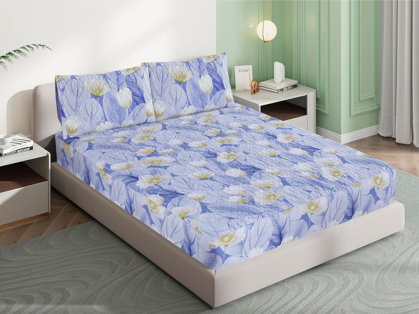 Mat Printed Quilted Ultrasonic 100% Waterproof Mattress Cover For Double Bed Fitted Mattress Protector Anti Sleep Bed Sheet With Pillow Cover (Blue Flower)