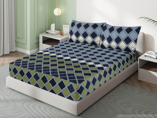 Mat Printed Quilted Ultrasonic 100% Waterproof Mattress Cover For Double Bed Fitted Mattress Protector Anti Sleep Bed Sheet With Pillow Cover ( Blue Square)