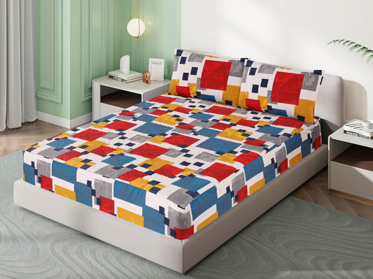 Mat Printed Quilted Ultrasonic 100% Waterproof Mattress Cover For Double Bed Fitted Mattress Protector Anti Sleep Bed Sheet With Pillow Cover (Multi Squares)