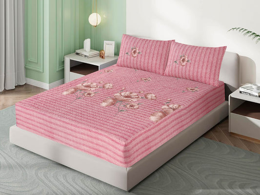 Mat Printed Quilted Ultrasonic 100% Waterproof Mattress Cover For Double Bed Fitted Mattress Protector Anti Sleep Bed Sheet With Pillow Cover (Pink Flower)