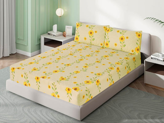 Mat Printed Quilted Ultrasonic 100% Waterproof Mattress Cover For Double Bed Fitted Mattress Protector Anti Sleep Bed Sheet With Pillow Cover (Yellow Traditional)