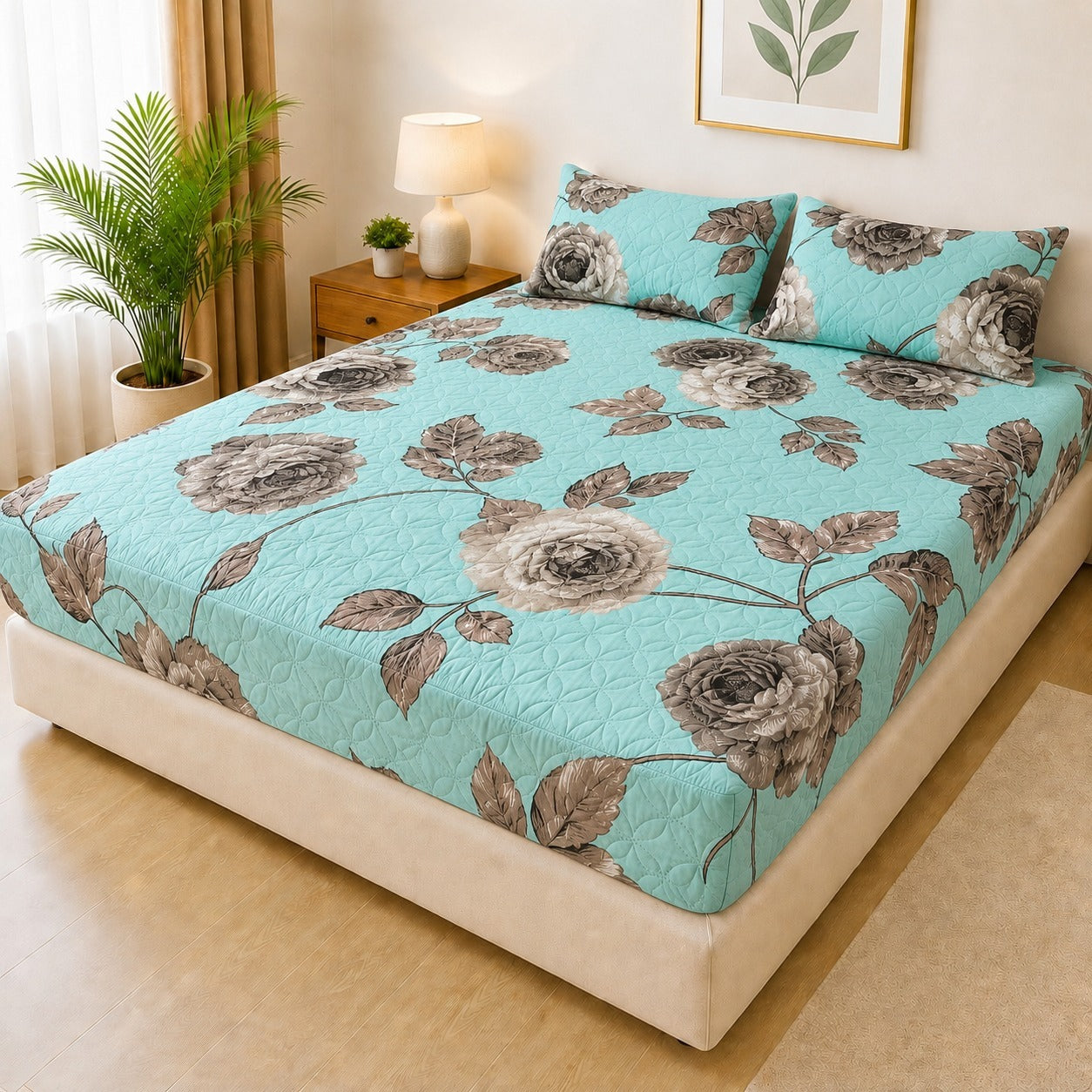 Mat Printed Quilted Ultrasonic 100% Waterproof Mattress Cover For Double Bed Fitted Mattress Protector Anti Sleep Bed Sheet With Pillow Cover (SH 714)