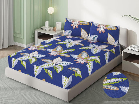 Mat Printed Quilted Ultrasonic 100% Waterproof Mattress Cover For Double Bed Fitted Mattress Protector Anti Sleep Bed Sheet With Pillow Covers(Blue Sea Flower)