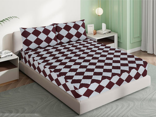 Mat Printed Quilted Ultrasonic 100% Waterproof Mattress Cover For Double Bed Fitted Mattress Protector Anti Sleep Bed Sheet With Pillow Cover (Brown Square)