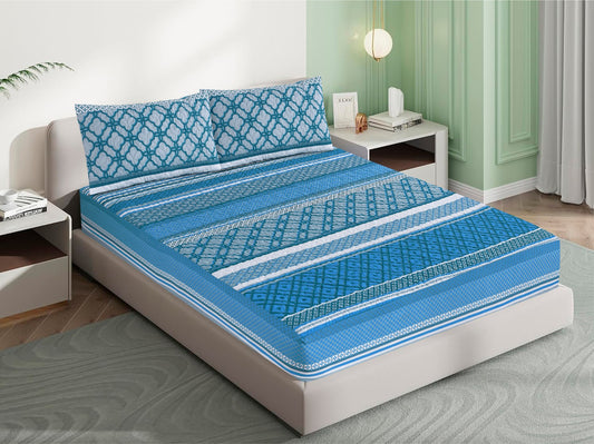 Mat Printed Quilted Ultrasonic 100% Waterproof Mattress Cover For Double Bed Fitted Mattress Protector Anti Sleep Bed Sheet With Pillow Cover (Blue Traditional)