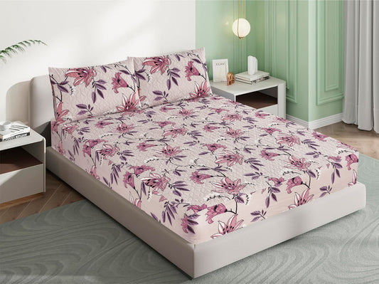 Mat Printed Quilted Ultrasonic 100% Waterproof Mattress Cover For Double Bed Fitted Mattress Protector Anti Sleep Bed Sheet With Pillow Cover (Pink Flower)