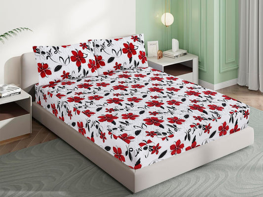 Mat Printed Quilted Ultrasonic 100% Waterproof Mattress Cover For Double Bed Fitted Mattress Protector Anti Sleep Bed Sheet With Pillow Cover (Red Flowers )
