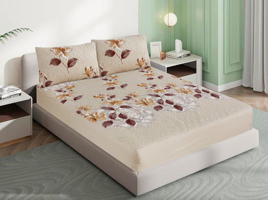Mat Printed Quilted Ultrasonic 100% Waterproof Mattress Cover For Double Bed Fitted Mattress Protector Anti Sleep Bed Sheet With Pillow Cover (Beige Leaves)