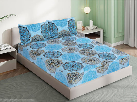 Mat Printed Quilted Ultrasonic 100% Waterproof Mattress Cover For Double Bed Fitted Mattress Protector Anti Sleep Bed Sheet With Pillow Cover ( Blue Mandala)