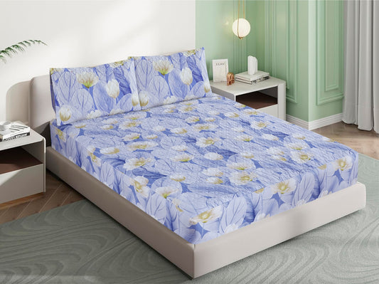 Mat Printed Quilted Ultrasonic 100% Waterproof Mattress Cover For Double Bed Fitted Mattress Protector Anti Sleep Bed Sheet With Pillow Cover (Blue Flower)