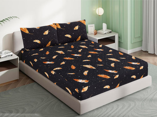 Mat Printed Quilted Ultrasonic 100% Waterproof Mattress Cover For Double Bed Fitted Mattress Protector Anti Sleep Bed Sheet With Pillow Cover (Black Leaves)